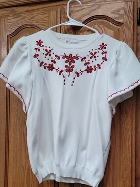 RED VALENTINO  White Top with Red Floral Embroidery